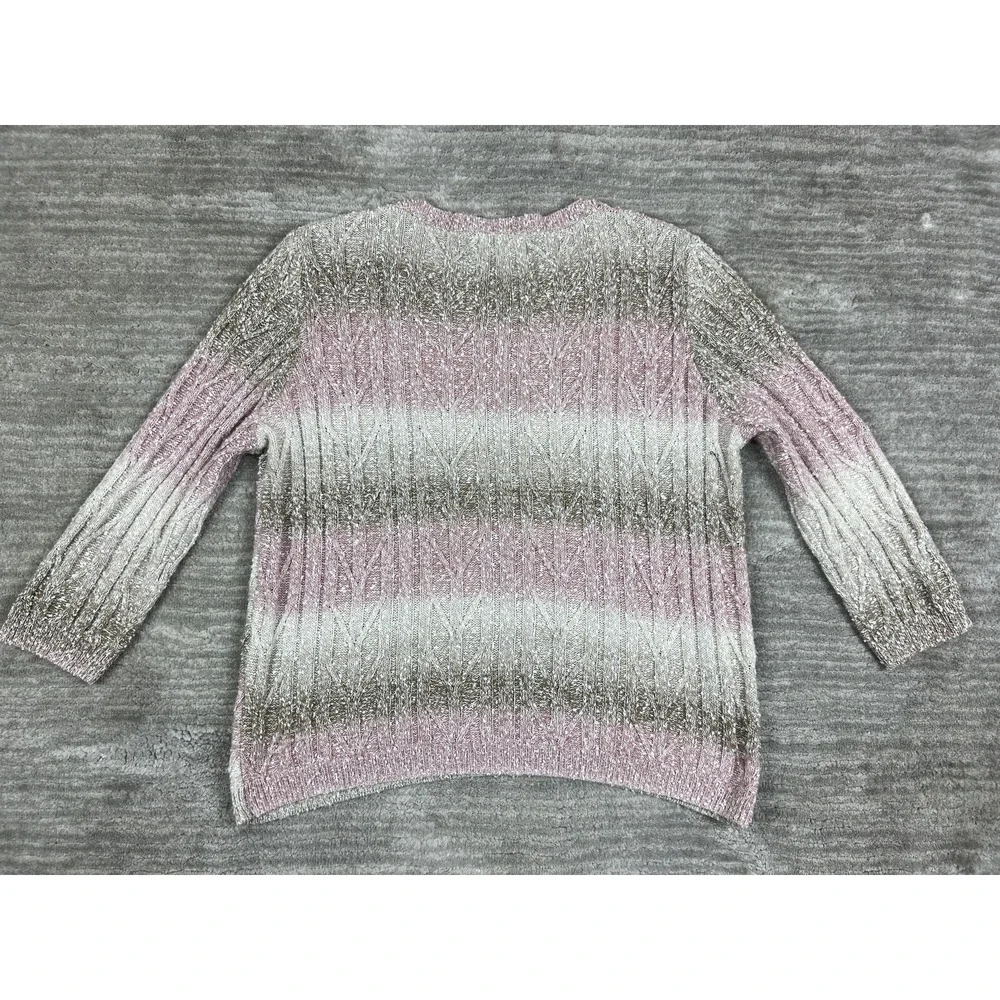 Alfred Dunner Sweater Women M Pink Ombre Cable Knit Beaded Split Neck 3/4 Sleeve